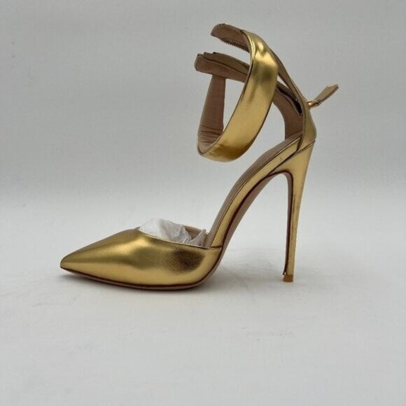 FSJ Gold D'Orsay Pumps Pointed Toe High Heels Buckle Ankle Strap Dress Shoes - Picture 2 of 5